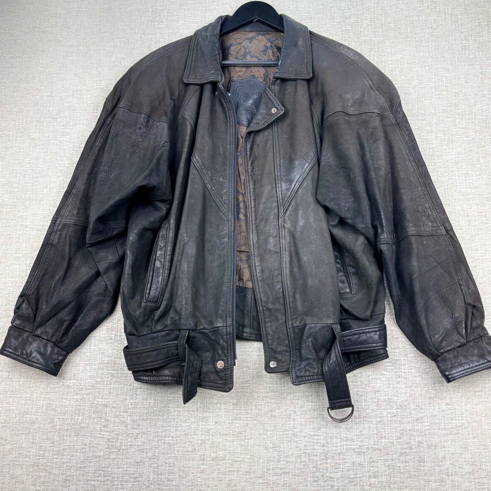 Kinney Brand Vintage 90s Distressed Black Leather Bomber Jacket Paisley Lining